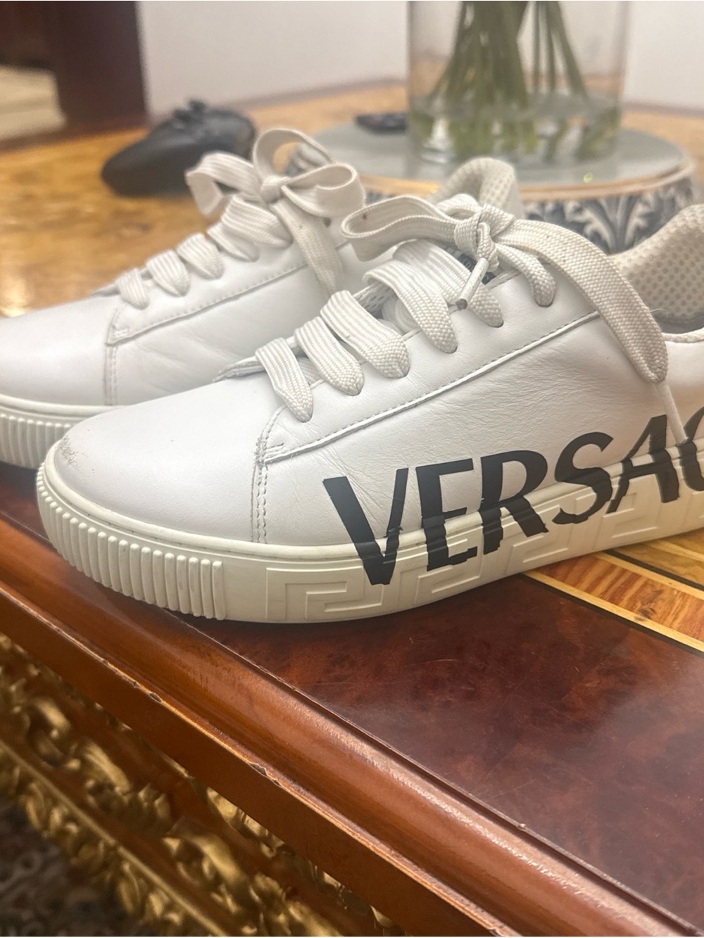 Versace White Leather Logo Sneakers with Black Branding